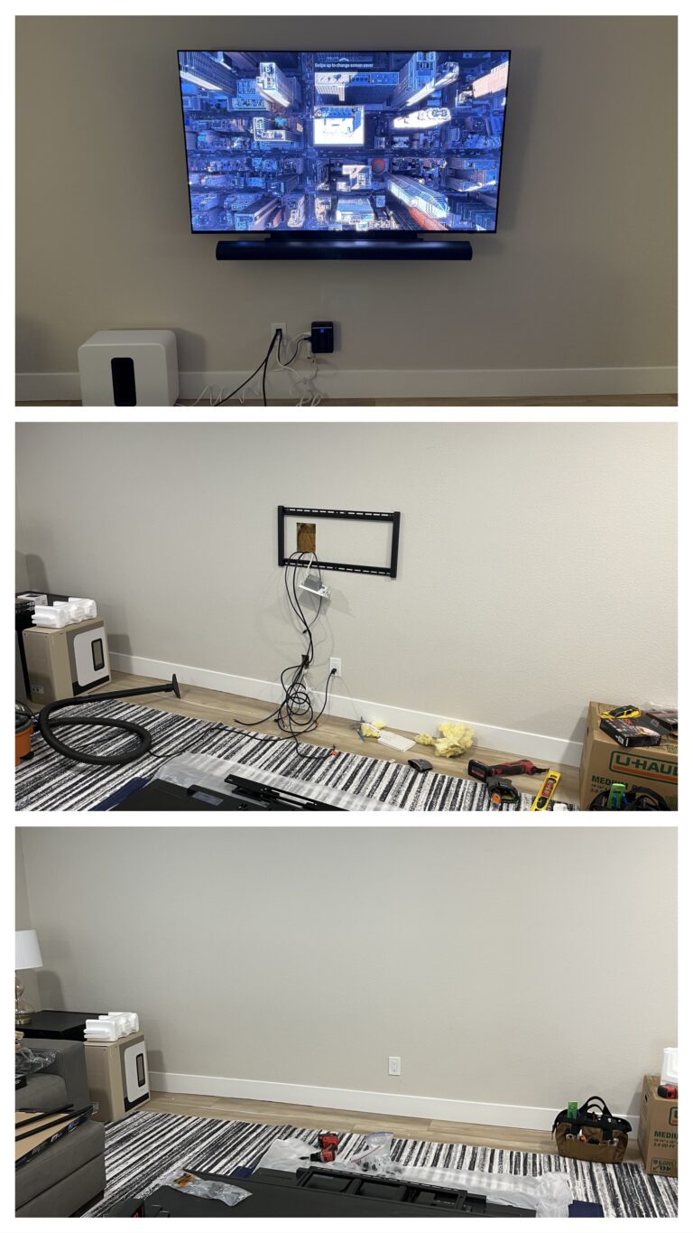 Installed Cord Concealment Kit, Mounted 65” TV & Mounted Soundbar
