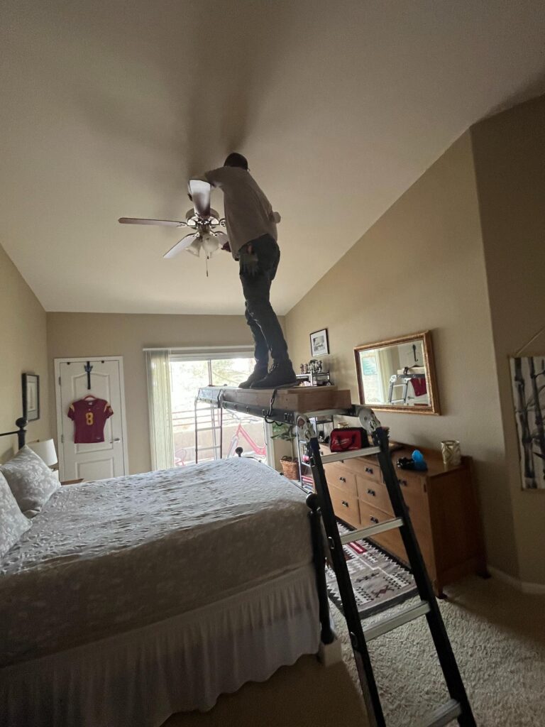 Installed Ceiling Fan into 12ft Ceiling Over Bed