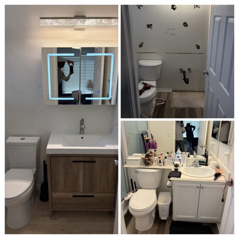 Replaced Vanity Light, Mirror, Toilet, Flooring, Vanity, Faucet, Repaired Drywall & Painted Bathroom