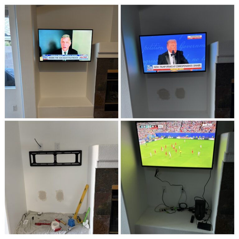 Decluttered TV Area By Re-Routing Coax Cable & Outlet Behind TV, Installed Shelf Behind TV For Devices, Repaired, Textured & Painted Drywall
